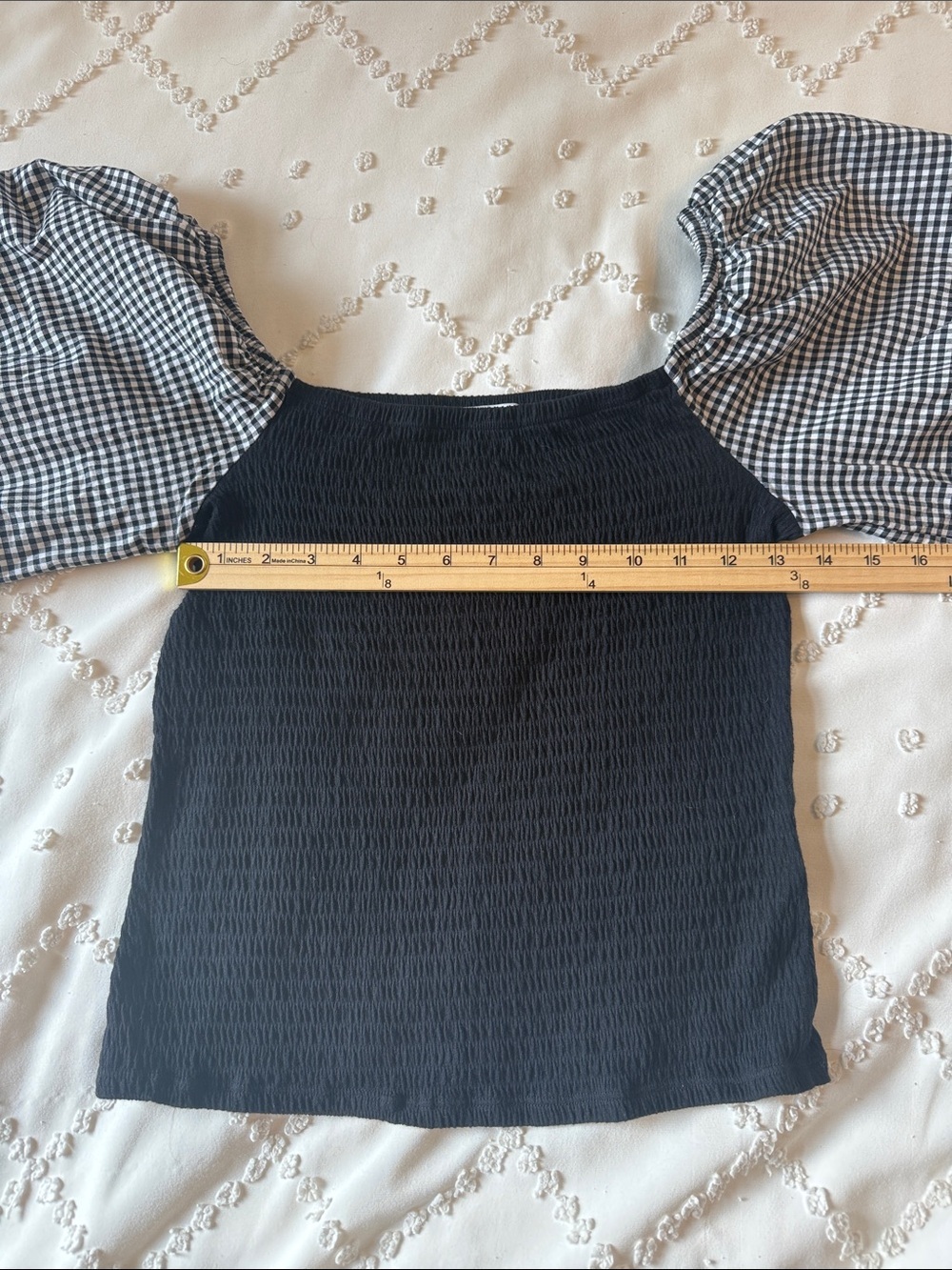Who Wear What When Where Black Smocked Top with Gingham Puff Sleeves - Picture 6 of 8